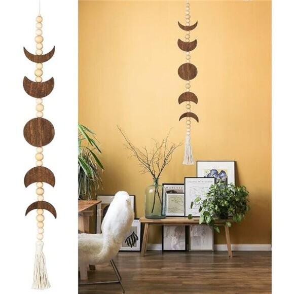 Moon Phase Wall Hanging Boho Wood Bead Tassel Decor for Bedroom Living Room - Picture 7 of 7